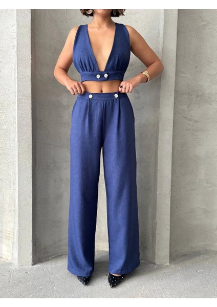 Mtxdpn Crop Pantolon Keten Takım S255012 Lacivert (Beden: Xl)