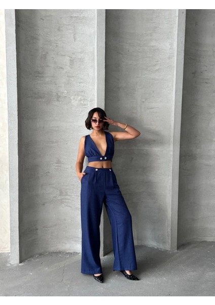 Mtxdpn Crop Pantolon Keten Takım S255012 Lacivert (Beden: Xl) fırsatları