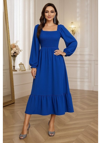 Kadın Uzun Kollu Kare Yakalı Gipeli Uzun Trikoton Elbise