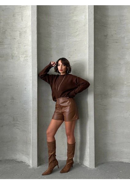 Mtxdpn Beli Lastikli Çıtçıtlı Deri Şort Kahve W241007 (Beden: S) modelleri