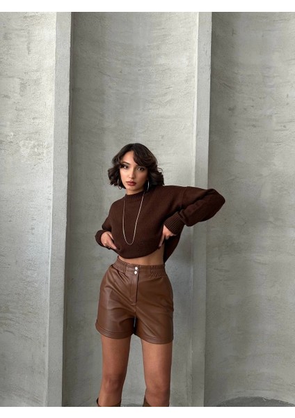 Mtxdpn Beli Lastikli Çıtçıtlı Deri Şort Kahve W241007 (Beden: S) fırsatları
