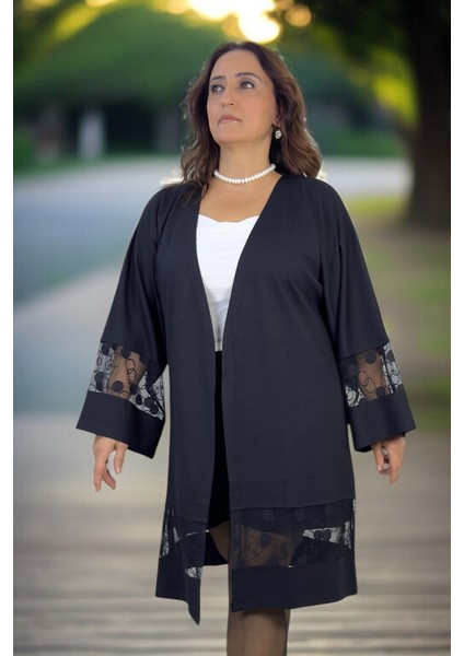 Dantel Işleme Detaylı Truvakar Kol Büyük Beden Pamuklu Viskon Kapamasız Ceket