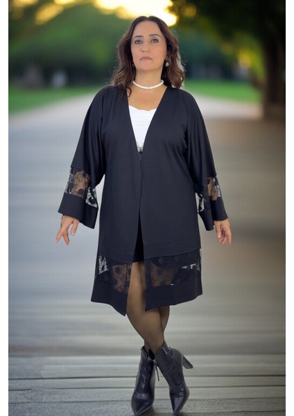 Dantel Işleme Detaylı Truvakar Kol Büyük Beden Pamuklu Viskon Kapamasız Ceket modelleri