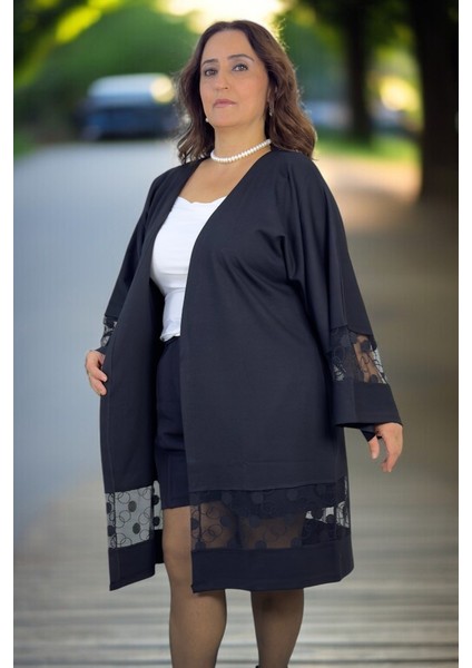 Dantel Işleme Detaylı Truvakar Kol Büyük Beden Pamuklu Viskon Kapamasız Ceket indirimleri