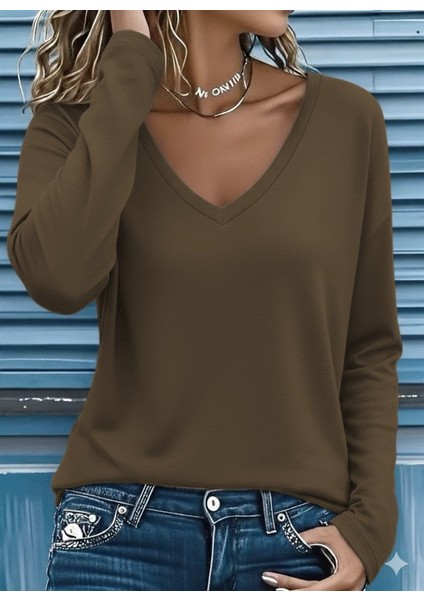 Kadın Uzun Kollu V Yakalı Viskon Iki Iplik Bluz
