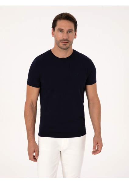 Erkek Lacivert Slim Fit Bisiklet Yaka Triko T-Shirt 50309840-VR033