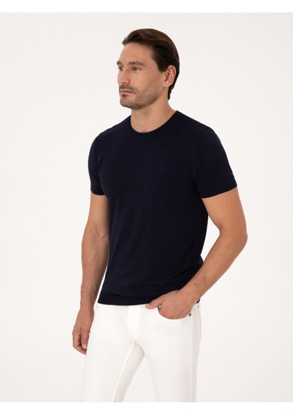 Erkek Lacivert Slim Fit Bisiklet Yaka Triko T-Shirt 50309840-VR033