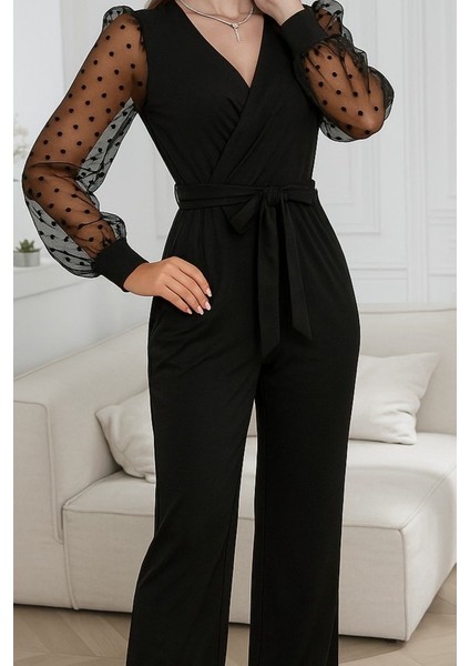 Kadın Uzun Kollu Kolları Tül Detaylı Kruvaze Yakalı Beli Kuşaklı Ithal Krep Tulum fiyatları