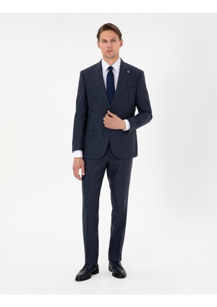 Erkek Indigo Slim Fit Çizgili Yün Karışımlı Takım Elbise 50291962-VR028