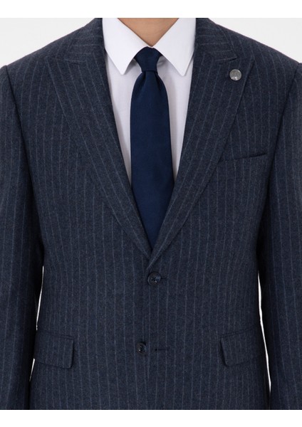 Erkek Indigo Slim Fit Çizgili Yün Karışımlı Takım Elbise 50291962-VR028