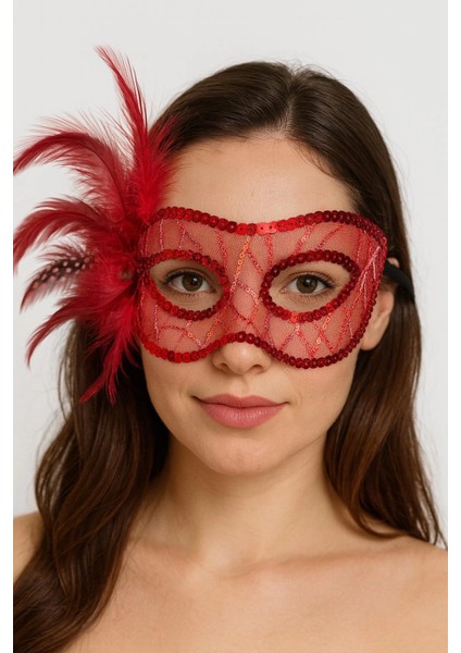 Kırmızı Renk Yandan Tüylü Pul Payet Işlemeli Parti Maskesi 23X12 cm fiyatları