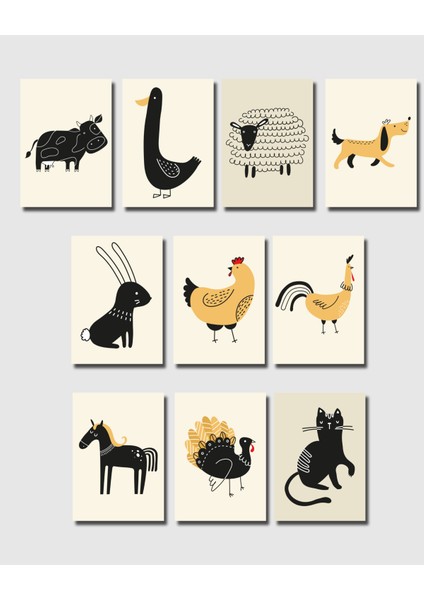 Hayvan Figürlü Poster Seti 10 Adet,çerçevesiz Sevimli Çiftlik Hayvanları,çocuk Odası Duvar Dekoru, Kreş Için Poster