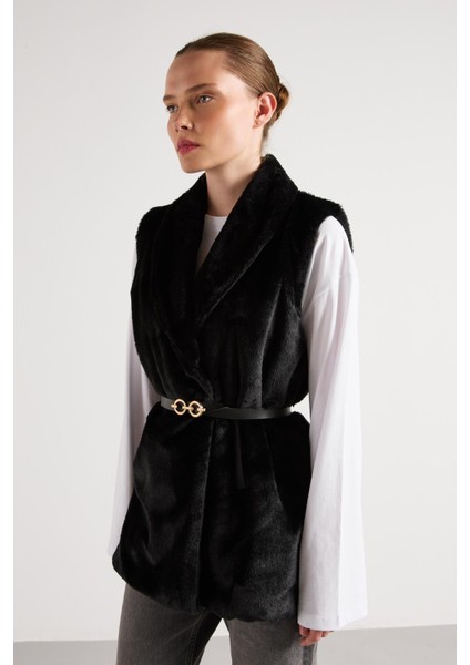 Kadın Siyah Kemerli Astarlı Kürk Yelek 30094