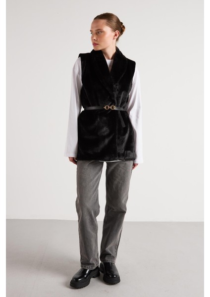 Kadın Siyah Kemerli Astarlı Kürk Yelek 30094 fiyatları