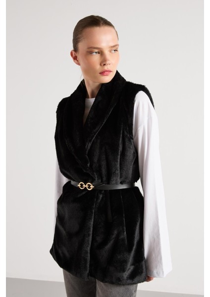 Kadın Siyah Kemerli Astarlı Kürk Yelek 30094 modelleri