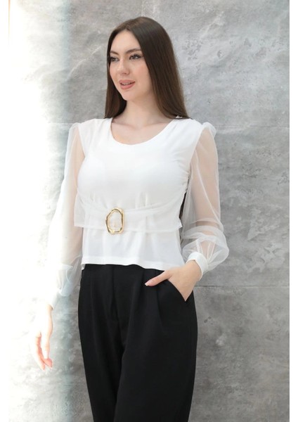 Mtxdpn Tokalı Tül Kollu Bluz Beyaz T4071 (Beden: Xl) fiyatları