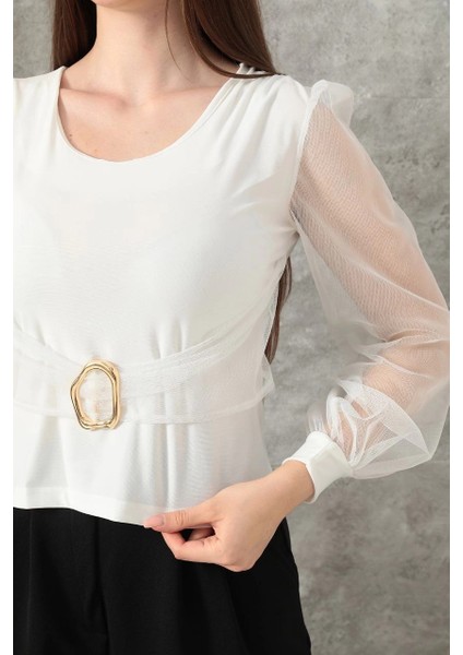 Mtxdpn Tokalı Tül Kollu Bluz Beyaz T4071 (Beden: Xl) modelleri