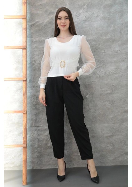 Mtxdpn Tokalı Tül Kollu Bluz Beyaz T4071 (Beden: Xl) fırsatları