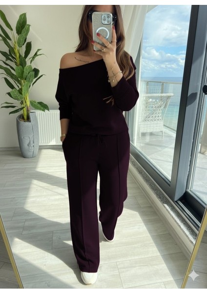Kadın Uzun Kollu Tek Omuzdan Açık Modal Bluz ve Pantolon Ikili Mürdüm Takım fiyatları