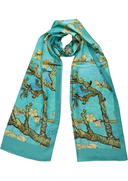 %100 Ipek Şal Fular (45X165 Cm) - Vincent Van Gogh (Badem Ağacı Su Yeşili)