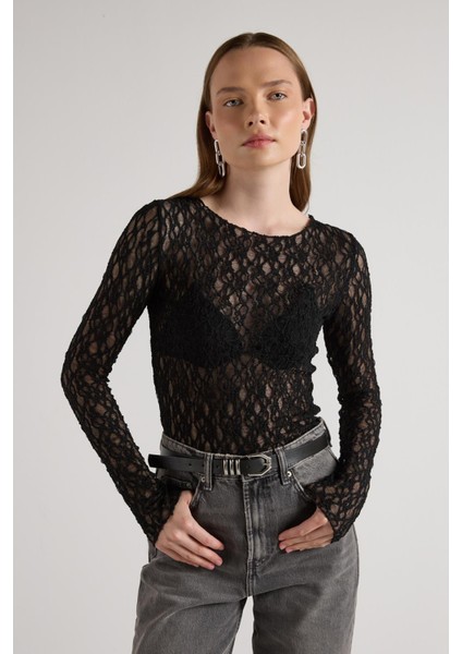 Bisiklet Yaka Dantelli Bluz Siyah