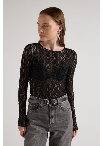Bisiklet Yaka Dantelli Bluz Siyah modelleri