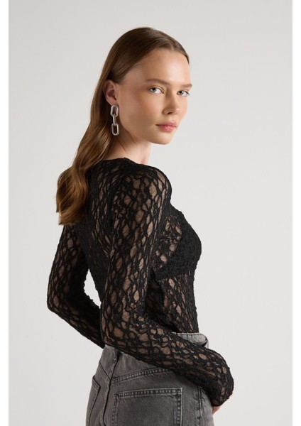 Bisiklet Yaka Dantelli Bluz Siyah