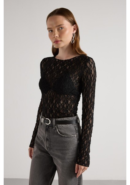 Bisiklet Yaka Dantelli Bluz Siyah