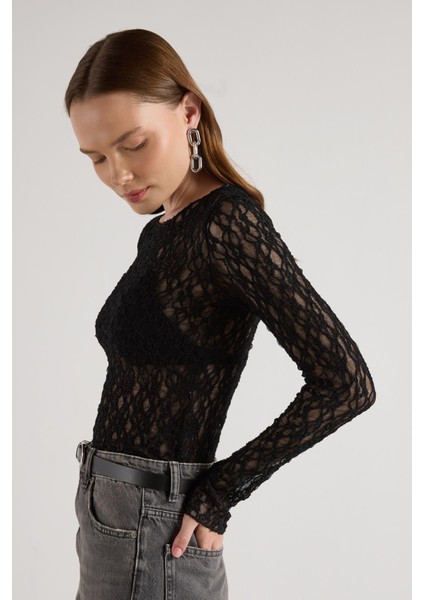 Bisiklet Yaka Dantelli Bluz Siyah