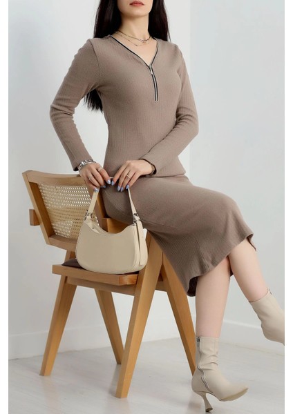 Mtxdpn Fermuar Detaylı Fitilli Şardonlu Elbise Bej A3178 (Beden: Standart) fırsatları