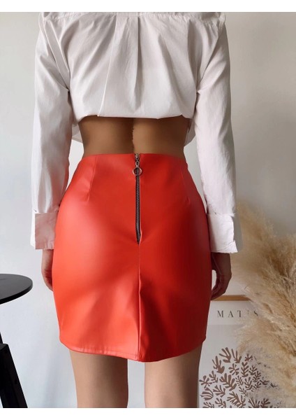 Mtxdpn Tek Yırtmaçlı Arkadan Fermuarlı Deri Etek Turuncu S24475 (Beden: M) fiyatları