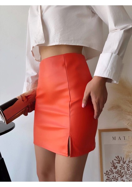 Mtxdpn Tek Yırtmaçlı Arkadan Fermuarlı Deri Etek Turuncu S24475 (Beden: M) modelleri