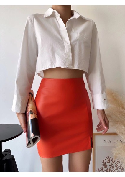 Mtxdpn Tek Yırtmaçlı Arkadan Fermuarlı Deri Etek Turuncu S24475 (Beden: M) fırsatları