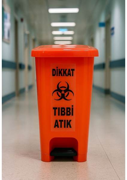 Tıbbi Atık Kutusu 40 Lt Pedallı Çöp Kutusu Turuncu Renk