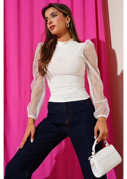 Mtxdpn Dik Yaka Tül Kollu Bluz Beyaz T3066 (beden: Xl)