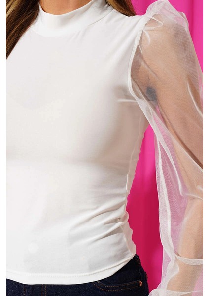 Mtxdpn Dik Yaka Tül Kollu Bluz Beyaz T3066 (beden: Xl) fırsatları