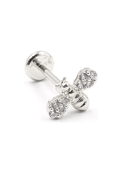 Arı Figürlü Zirkon Taşlı Tragus Piercing – Gümüş | Hipoalerjenik, Uzun Ömürlü