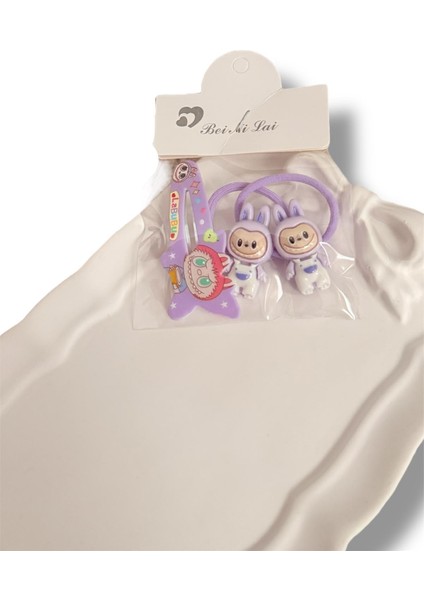 Labubu Figürlü Mineli Karışık Renk Çıtçıt ve 2li Lastik Kız Çocuk Set Toka