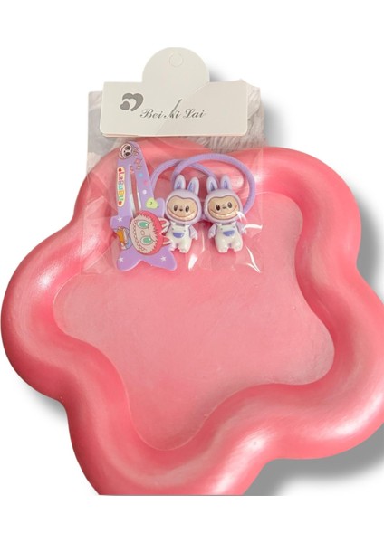 Labubu Figürlü Mineli Karışık Renk Çıtçıt ve 2li Lastik Kız Çocuk Set Toka modelleri