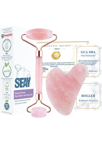 Seay Pembe Kuvars Quartz Face Roller & Guasha Yüz Masaj Aleti Takımı Masaj Taşı Doğaltaş Premium