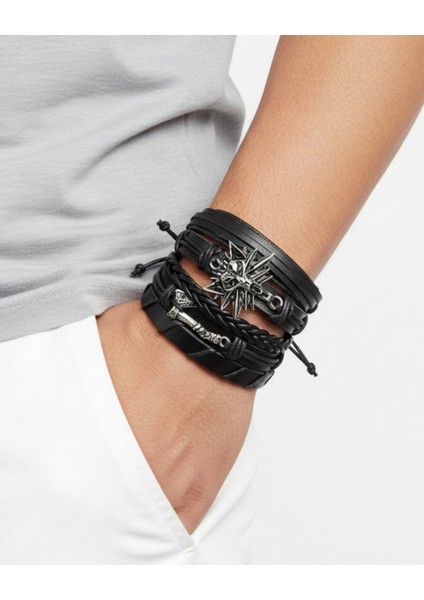 Viking Thor Balta ve Kurt Figürlü 5'li Deri Bileklik
