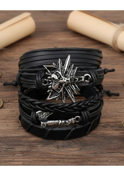 Viking Thor Balta ve Kurt Figürlü 5'li Deri Bileklik fiyatları