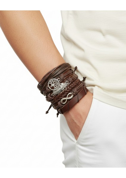 6'lı Set Yaprak Sonsuzluk Yaşam Ağacı Figürlü Kahverengi Deri Bileklik