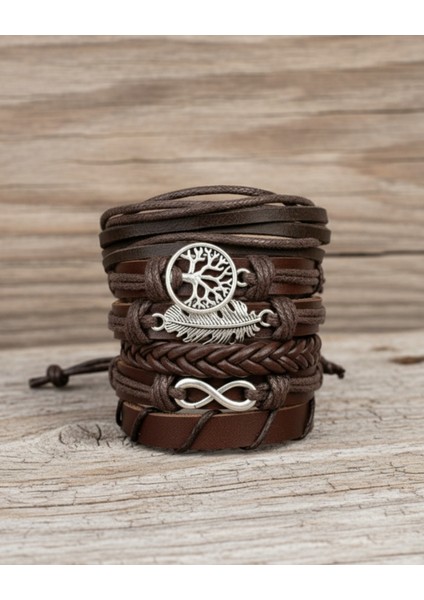 6'lı Set Yaprak Sonsuzluk Yaşam Ağacı Figürlü Kahverengi Deri Bileklik fiyatları