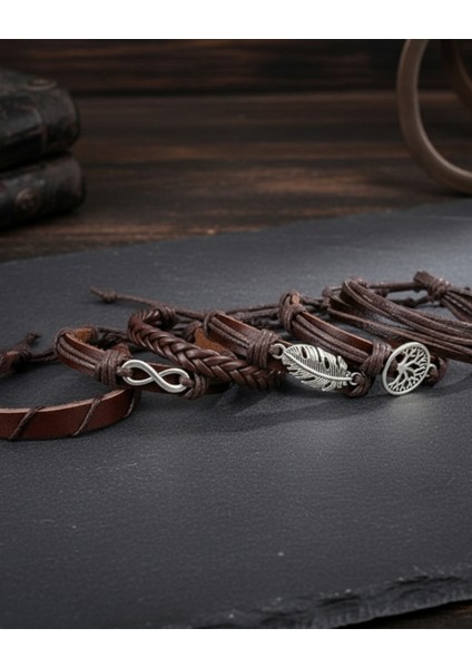 6'lı Set Yaprak Sonsuzluk Yaşam Ağacı Figürlü Kahverengi Deri Bileklik fırsatları
