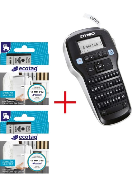 ECOTAG Dymo Lm 160 Etiket Yazıcı ve 2 Adet ECOTAG D1 Şerit Etiket Plastik Beyaz Thermal 12 mm 7 mt