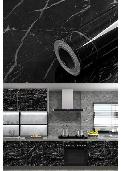 Mermer Desenli Masa Tezgah Mutfak Su Geçirmez Yapışkanlı Folyo Sticker Siyah 5MX60CM T12