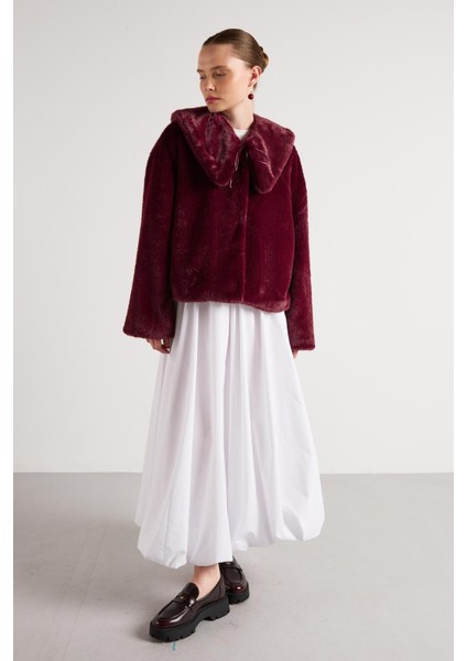 Kadın Bordo Seyyar Yakalı Tasarım Kürk Kaban 30082 modelleri