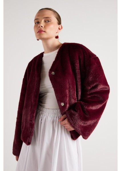 Kadın Bordo Seyyar Yakalı Tasarım Kürk Kaban 30082 fırsatları