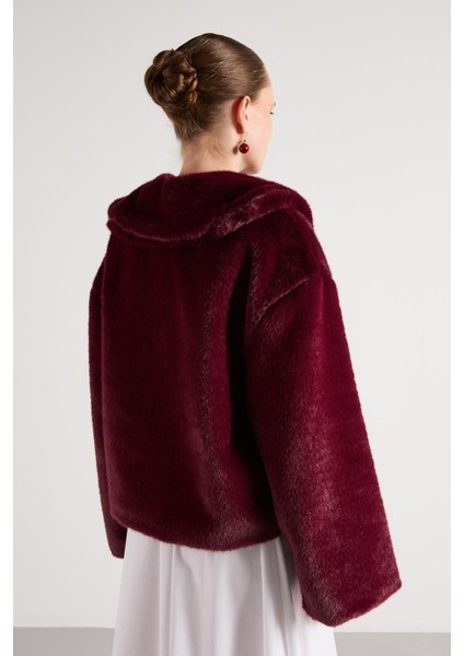 Kadın Bordo Seyyar Yakalı Tasarım Kürk Kaban 30082